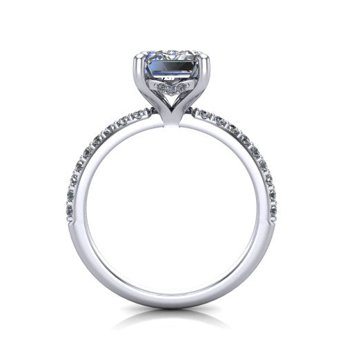 Arielle emerald classic engagement ring in 14K White Gold, through-finger front profile showing the hidden halo of pav&eacute; beneath the center crown