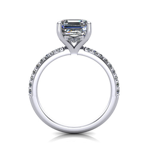 Arielle square emerald classic engagement ring in 18K White Gold, through-finger front profile showing the hidden halo of pav&eacute; beneath the center crown