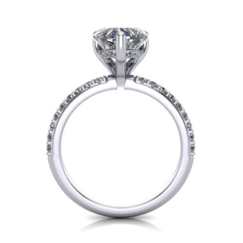 Arielle heart classic engagement ring in 18K White Gold, through-finger front profile showing the hidden halo of pav&eacute; beneath the center crown
