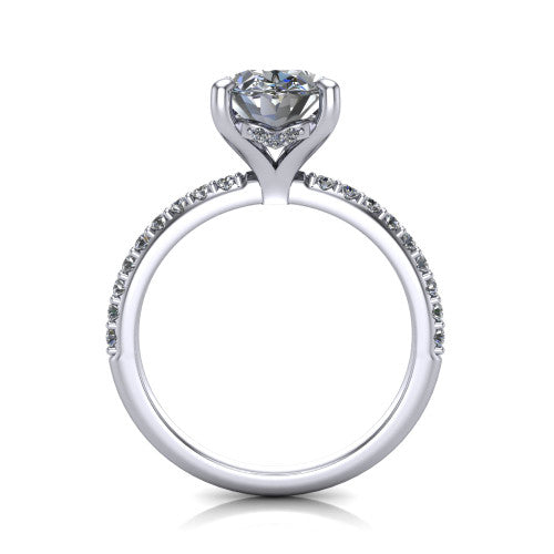 Arielle oval classic engagement ring in Platinum, through-finger front profile showing the hidden halo of pav&eacute; beneath the center crown