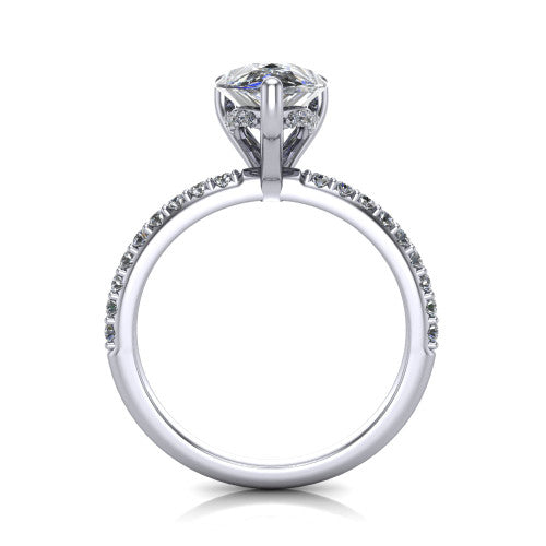 Arielle pear classic engagement ring in 14K White Gold, through-finger front profile showing the hidden halo of pav&eacute; beneath the center crown