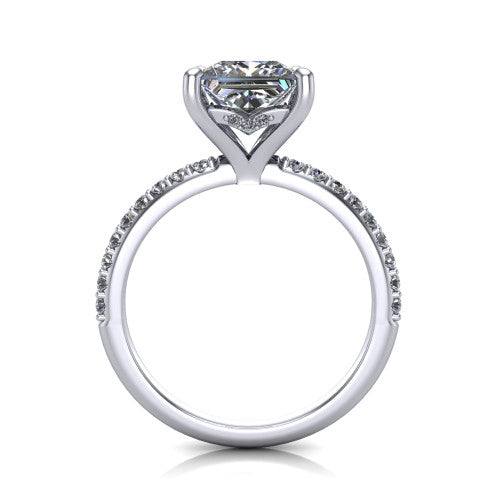 Arielle princess classic engagement ring in Platinum, through-finger front profile showing the hidden halo of pav&eacute; beneath the center crown