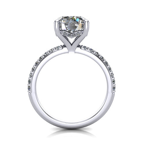 Arielle round classic engagement ring in Platinum, through-finger front profile showing the hidden halo of pav&eacute; beneath the center crown