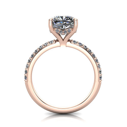 Arielle cushion classic engagement ring in 18K Rose Gold, through-finger front profile showing the hidden halo of pav&eacute; beneath the center crown