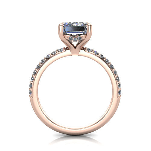 Arielle emerald classic engagement ring in 14K Rose Gold, through-finger front profile showing the hidden halo of pav&eacute; beneath the center crown
