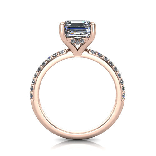 Arielle square emerald classic engagement ring in 18K Rose Gold, through-finger front profile showing the hidden halo of pav&eacute; beneath the center crown