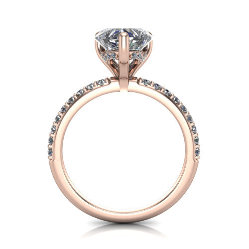 Arielle heart classic engagement ring in 14K Rose Gold, through-finger front profile showing the hidden halo of pav&eacute; beneath the center crown