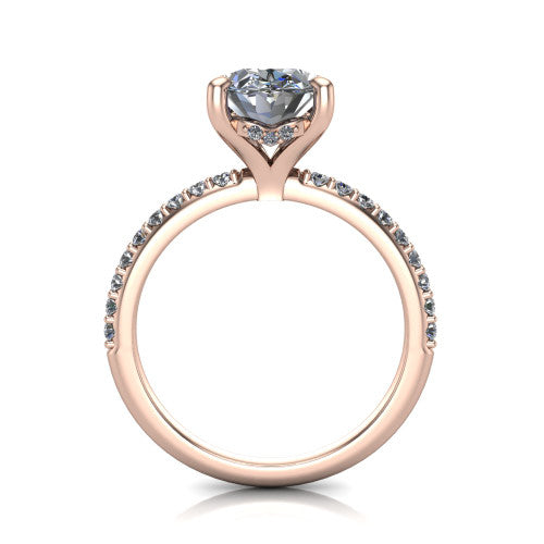 Arielle oval classic engagement ring in 14K Rose Gold, through-finger front profile showing the hidden halo of pav&eacute; beneath the center crown