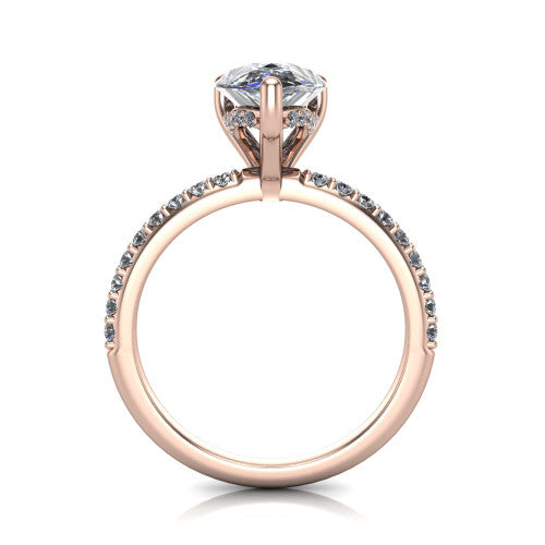 Arielle pear classic engagement ring in 14K Rose Gold, through-finger front profile showing the hidden halo of pav&eacute; beneath the center crown