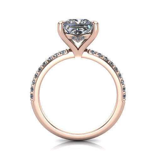 Arielle princess classic engagement ring in 14K Rose Gold, through-finger front profile showing the hidden halo of pav&eacute; beneath the center crown