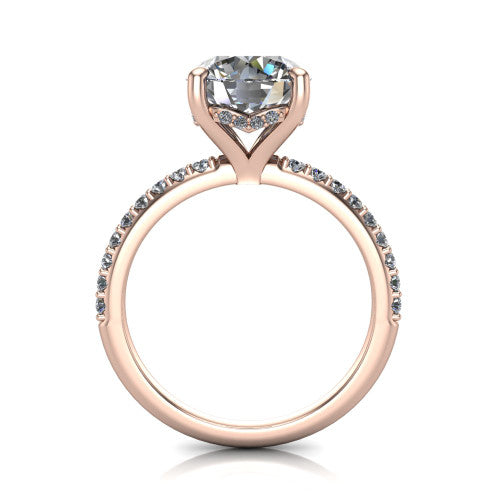 Arielle round classic engagement ring in 18K Rose Gold, through-finger front profile showing the hidden halo of pav&eacute; beneath the center crown