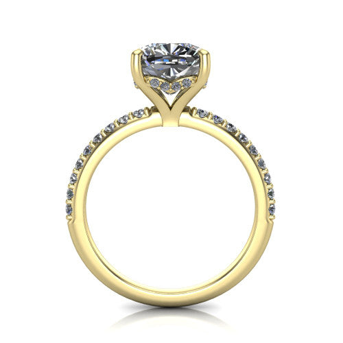 Arielle cushion classic engagement ring in 14K Yellow Gold, through-finger front profile showing the hidden halo of pav&eacute; beneath the center crown