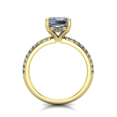 Arielle emerald classic engagement ring in 18K Yellow Gold, through-finger front profile showing the hidden halo of pav&eacute; beneath the center crown