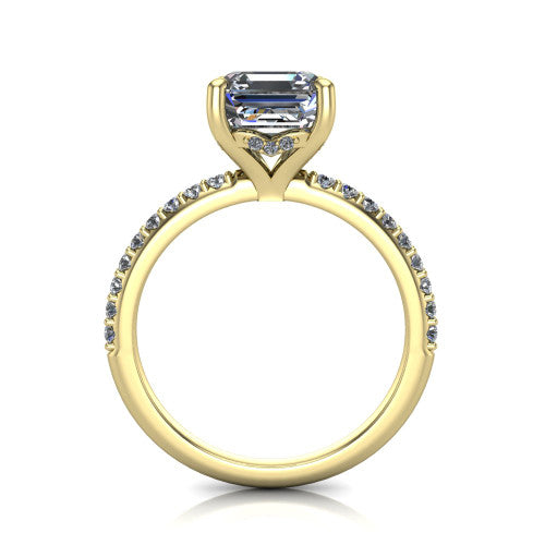Arielle square emerald classic engagement ring in 18K Yellow Gold, through-finger front profile showing the hidden halo of pav&eacute; beneath the center crown