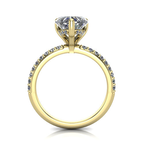 Arielle heart classic engagement ring in 18K Yellow Gold, through-finger front profile showing the hidden halo of pav&eacute; beneath the center crown