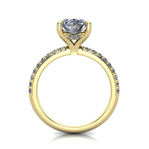Arielle oval classic engagement ring in 14K Yellow Gold, through-finger front profile showing the hidden halo of pav&eacute; beneath the center crown