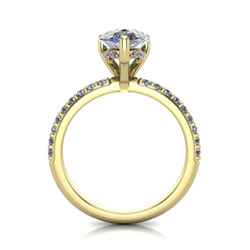 Arielle pear classic engagement ring in 18K Yellow Gold, through-finger front profile showing the hidden halo of pav&eacute; beneath the center crown