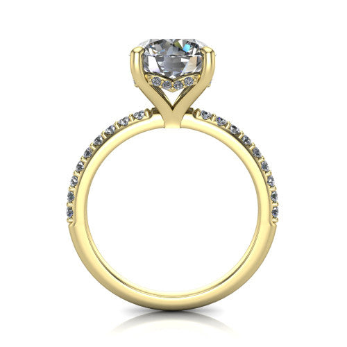 Arielle round classic engagement ring in 18K Yellow Gold, through-finger front profile showing the hidden halo of pav&eacute; beneath the center crown