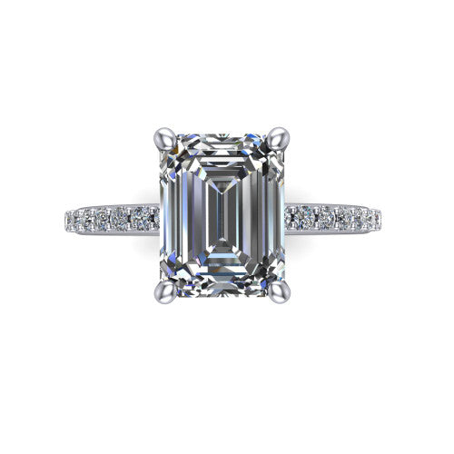 Arielle emerald classic engagement ring in Platinum, top-down view showing the center stone and the pav&eacute; band from above
