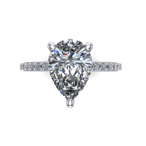 Arielle pear classic engagement ring in 14K White Gold, top-down view showing the center stone and the pav&eacute; band from above