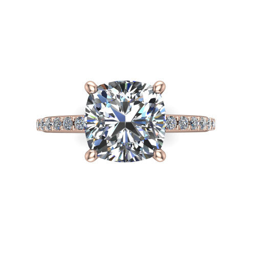 Arielle cushion classic engagement ring in 18K Rose Gold, top-down view showing the center stone and the pav&eacute; band from above