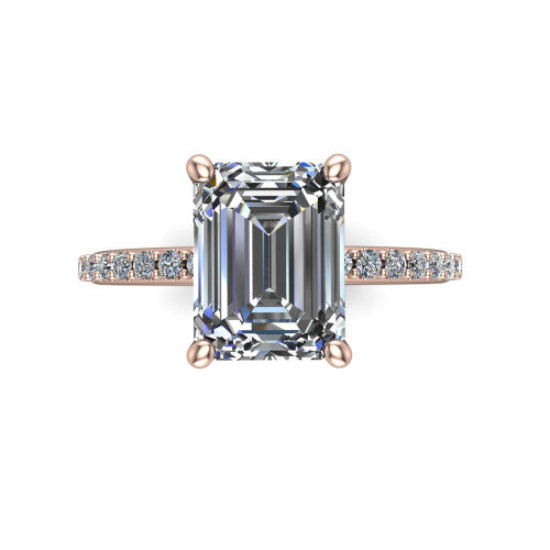 Arielle emerald classic engagement ring in 18K Rose Gold, top-down view showing the center stone and the pav&eacute; band from above