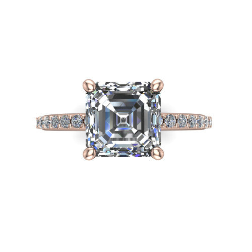 Arielle square emerald classic engagement ring in 14K Rose Gold, top-down view showing the center stone and the pav&eacute; band from above