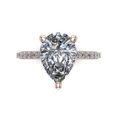 Arielle pear classic engagement ring in 14K Rose Gold, top-down view showing the center stone and the pav&eacute; band from above