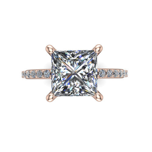 Arielle princess classic engagement ring in 14K Rose Gold, top-down view showing the center stone and the pav&eacute; band from above