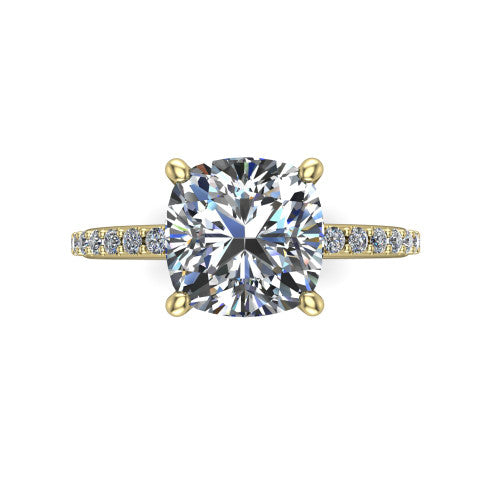 Arielle cushion classic engagement ring in 14K Yellow Gold, top-down view showing the center stone and the pav&eacute; band from above