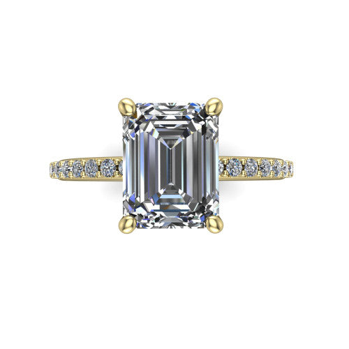 Arielle emerald classic engagement ring in 14K Yellow Gold, top-down view showing the center stone and the pav&eacute; band from above