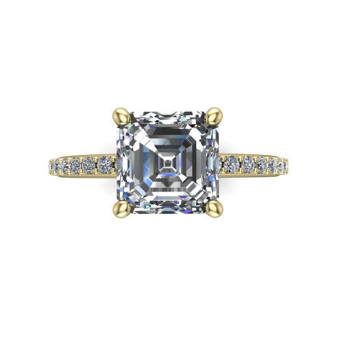 Arielle square emerald classic engagement ring in 14K Yellow Gold, top-down view showing the center stone and the pav&eacute; band from above