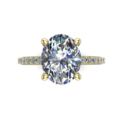 Arielle oval classic engagement ring in 14K Yellow Gold, top-down view showing the center stone and the pav&eacute; band from above