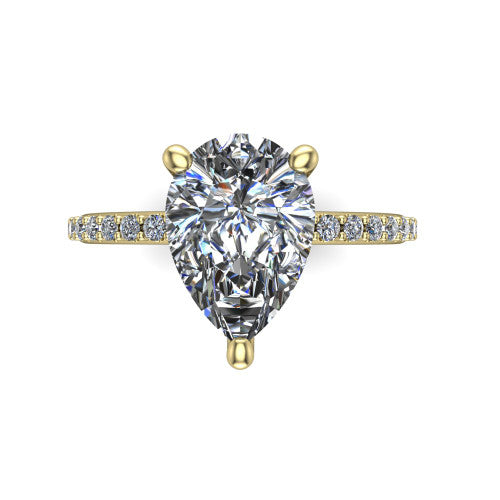 Arielle pear classic engagement ring in 14K Yellow Gold, top-down view showing the center stone and the pav&eacute; band from above