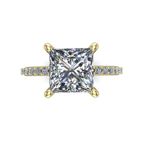 Arielle princess classic engagement ring in 14K Yellow Gold, top-down view showing the center stone and the pav&eacute; band from above