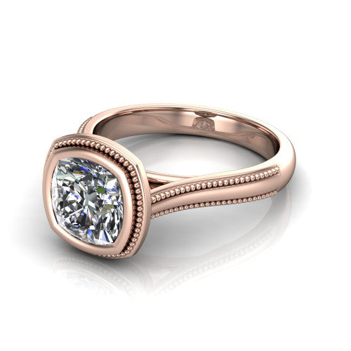 Adelina cushion solitaire engagement ring in 18K Rose Gold, three-quarter perspective showing the brilliant cushion-cut center diamond, full bezel setting with milgrain detail, and tapered split-shoulder shank
