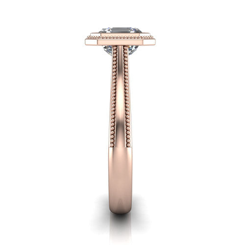 Adelina square emerald solitaire engagement ring in 18K Rose Gold, side profile showing the tapered split-shoulder shank with milgrain edge detail and the cathedral gallery