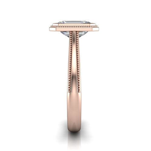 Adelina emerald solitaire engagement ring in 14K Rose Gold, side profile showing the tapered split-shoulder shank with milgrain edge detail and the cathedral gallery