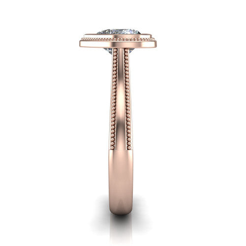 Adelina heart solitaire engagement ring in 18K Rose Gold, side profile showing the tapered split-shoulder shank with milgrain edge detail and the cathedral gallery