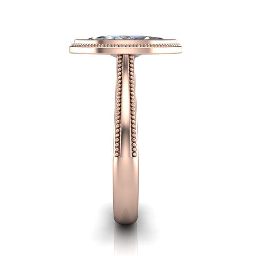 Adelina marquise solitaire engagement ring in 14K Rose Gold, side profile showing the tapered split-shoulder shank with milgrain edge detail and the cathedral gallery
