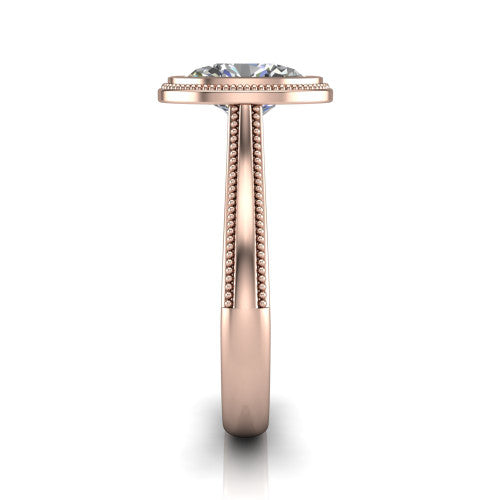 Adelina oval solitaire engagement ring in 14K Rose Gold, side profile showing the tapered split-shoulder shank with milgrain edge detail and the cathedral gallery
