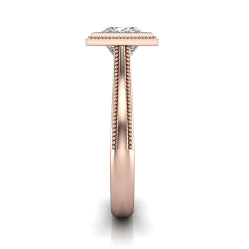Adelina princess solitaire engagement ring in 14K Rose Gold, side profile showing the tapered split-shoulder shank with milgrain edge detail and the cathedral gallery