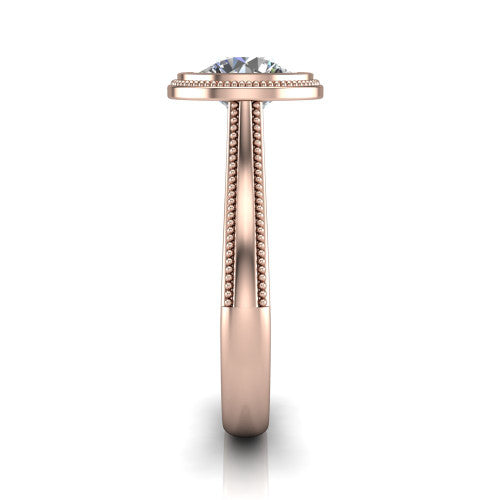 Adelina round solitaire engagement ring in 18K Rose Gold, side profile showing the tapered split-shoulder shank with milgrain edge detail and the cathedral gallery