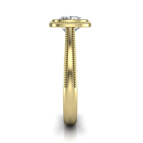 Adelina cushion solitaire engagement ring in 18K Yellow Gold, side profile showing the tapered split-shoulder shank with milgrain edge detail and the cathedral gallery