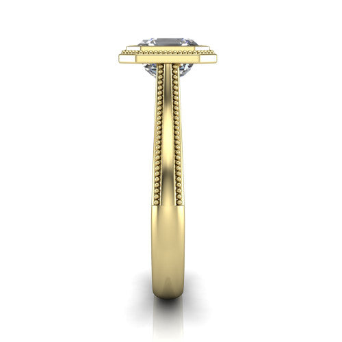 Adelina square emerald solitaire engagement ring in 14K Yellow Gold, side profile showing the tapered split-shoulder shank with milgrain edge detail and the cathedral gallery