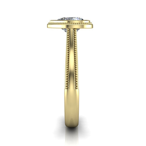 Adelina heart solitaire engagement ring in 14K Yellow Gold, side profile showing the tapered split-shoulder shank with milgrain edge detail and the cathedral gallery