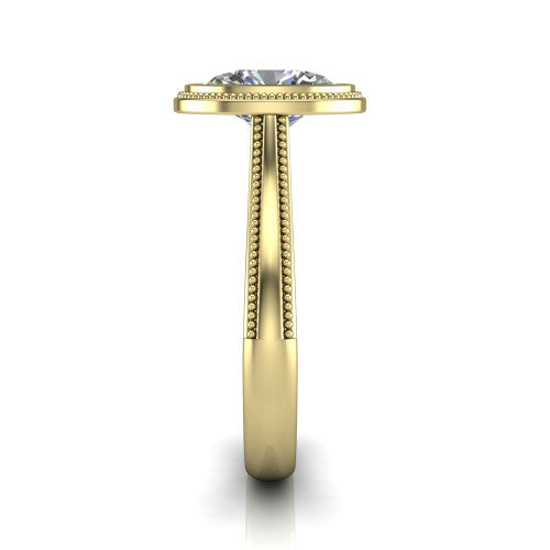 Adelina oval solitaire engagement ring in 18K Yellow Gold, side profile showing the tapered split-shoulder shank with milgrain edge detail and the cathedral gallery