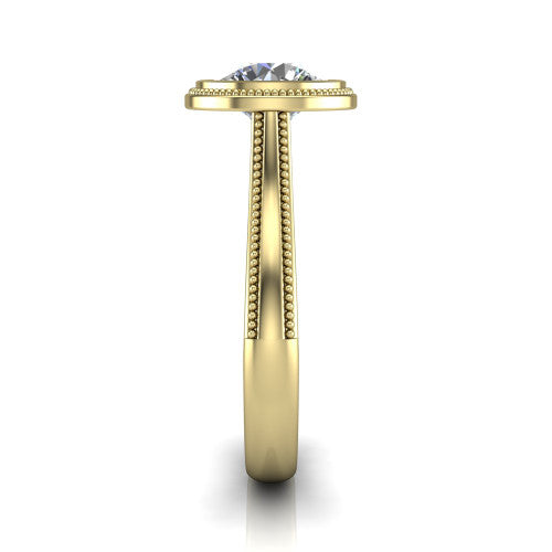 Adelina round solitaire engagement ring in 18K Yellow Gold, side profile showing the tapered split-shoulder shank with milgrain edge detail and the cathedral gallery