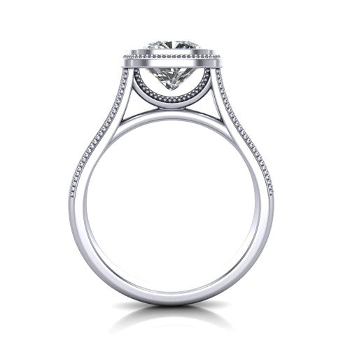 Adelina cushion solitaire engagement ring in Platinum, through-finger front profile showing the low-profile bezel head and open cathedral under-gallery