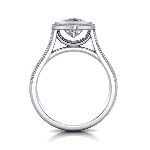 Adelina heart solitaire engagement ring in 18K White Gold, through-finger front profile showing the low-profile bezel head and open cathedral under-gallery